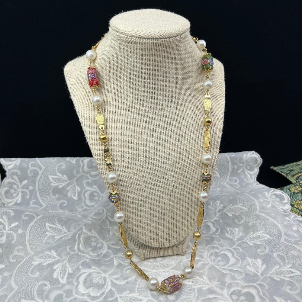 Vintage Lampwork Bead Gold Tone Long Layering Costume Jewelry Necklace Glam